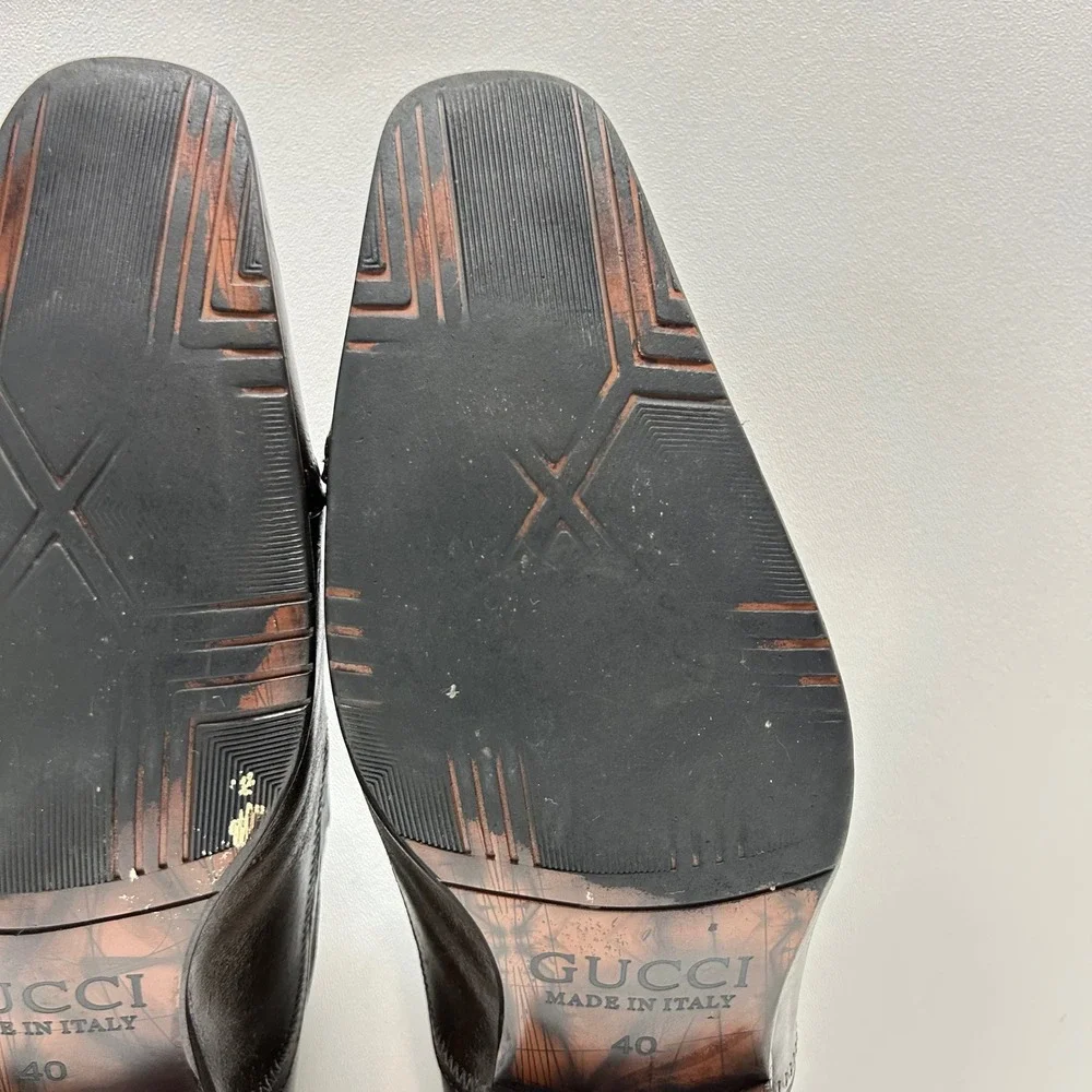 Gucci Mens Dark Brown Leather Square Toe Slip On Dress Shoes Made in Italy Sz 40